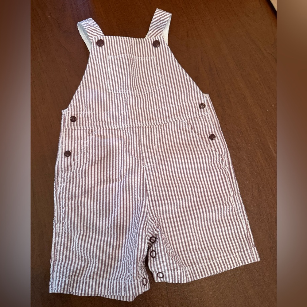 12 M Petit Bateau Brown and White Striped Overalls seersucker